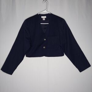 Vtg Wool Crop Blazer Jacket Women 6 Navy Blue Embroidered Emblem Pocket Gold 90s